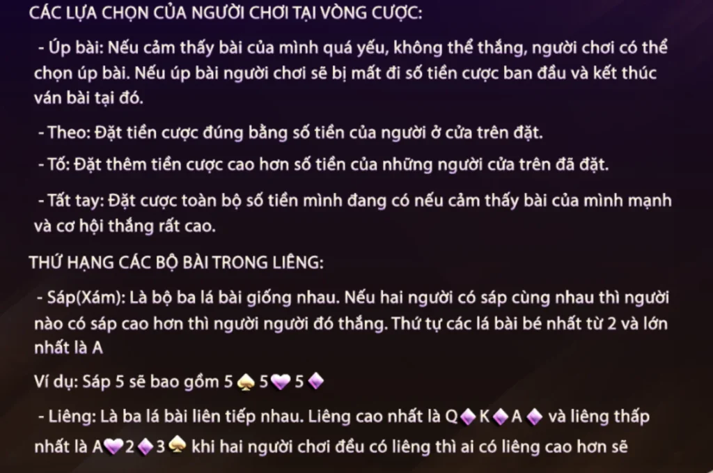 Các lựa chọn của người chơi tại Liêng 